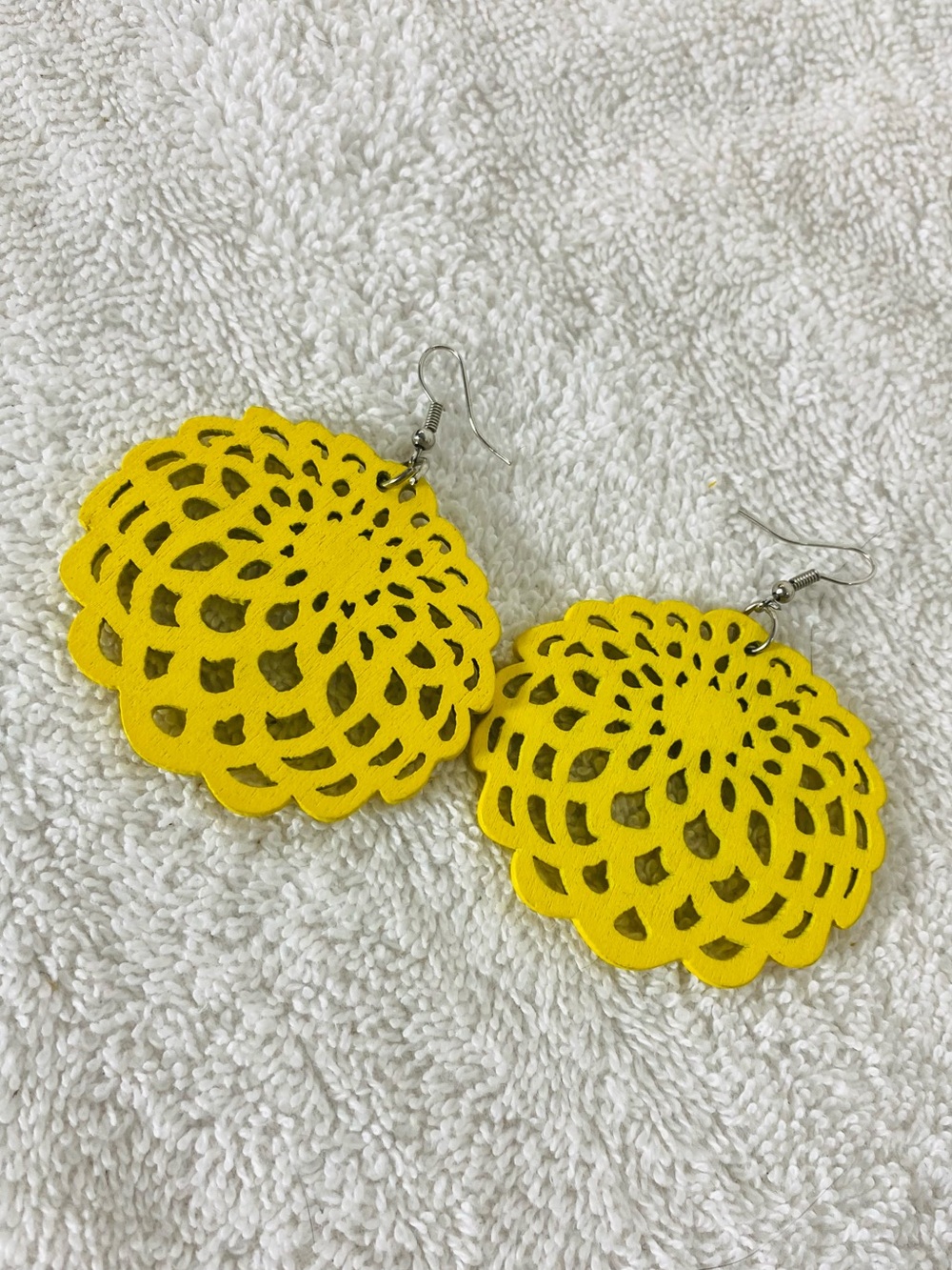 Painted Yellow Wood Geometric Floral Cutout Drop Earrings Boho Cottagecore
